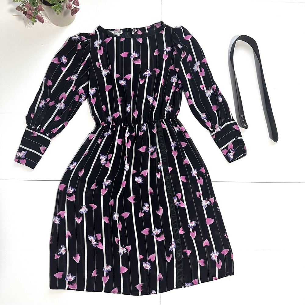 Vintage P.C.F. Petites Hal Ferman Black Floral Print Long Sleeves Sheer Dress